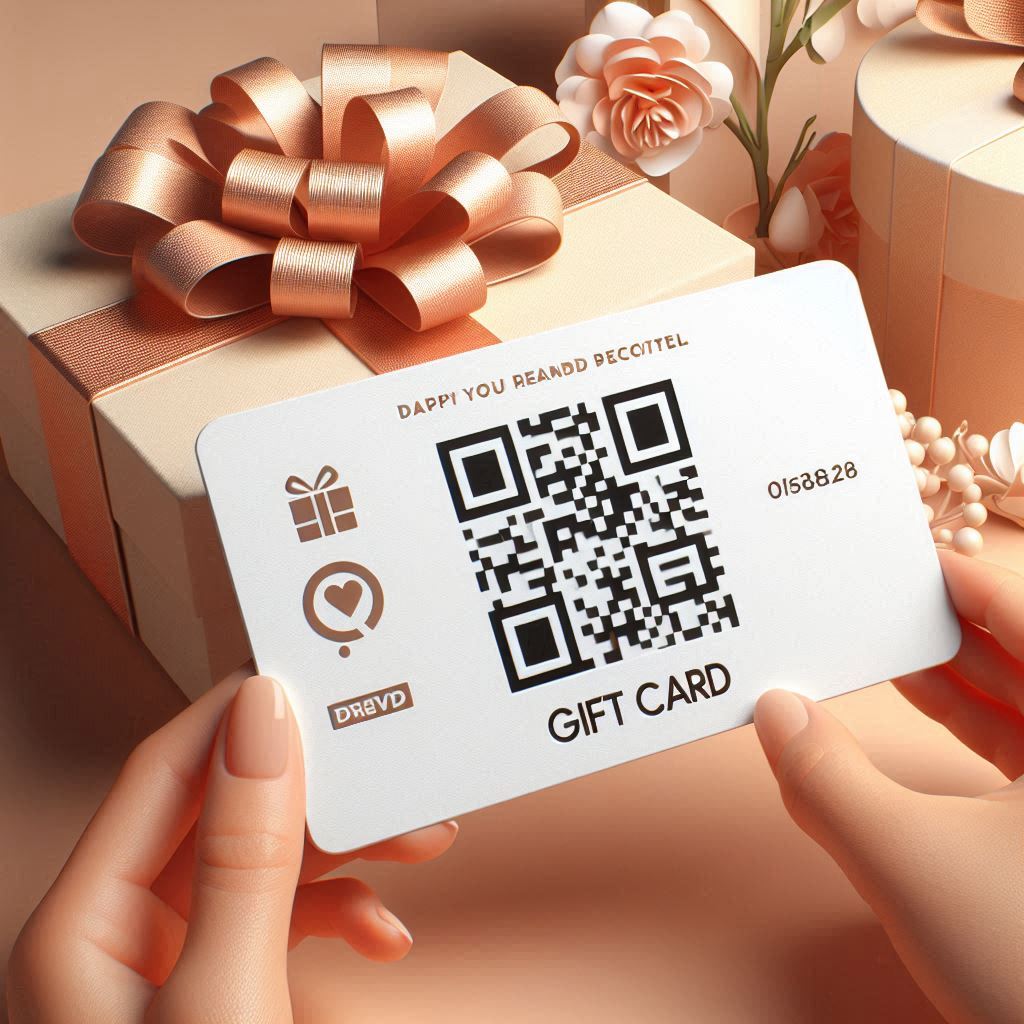 A gift card with a white background, a QR code centered, and a company logo on top