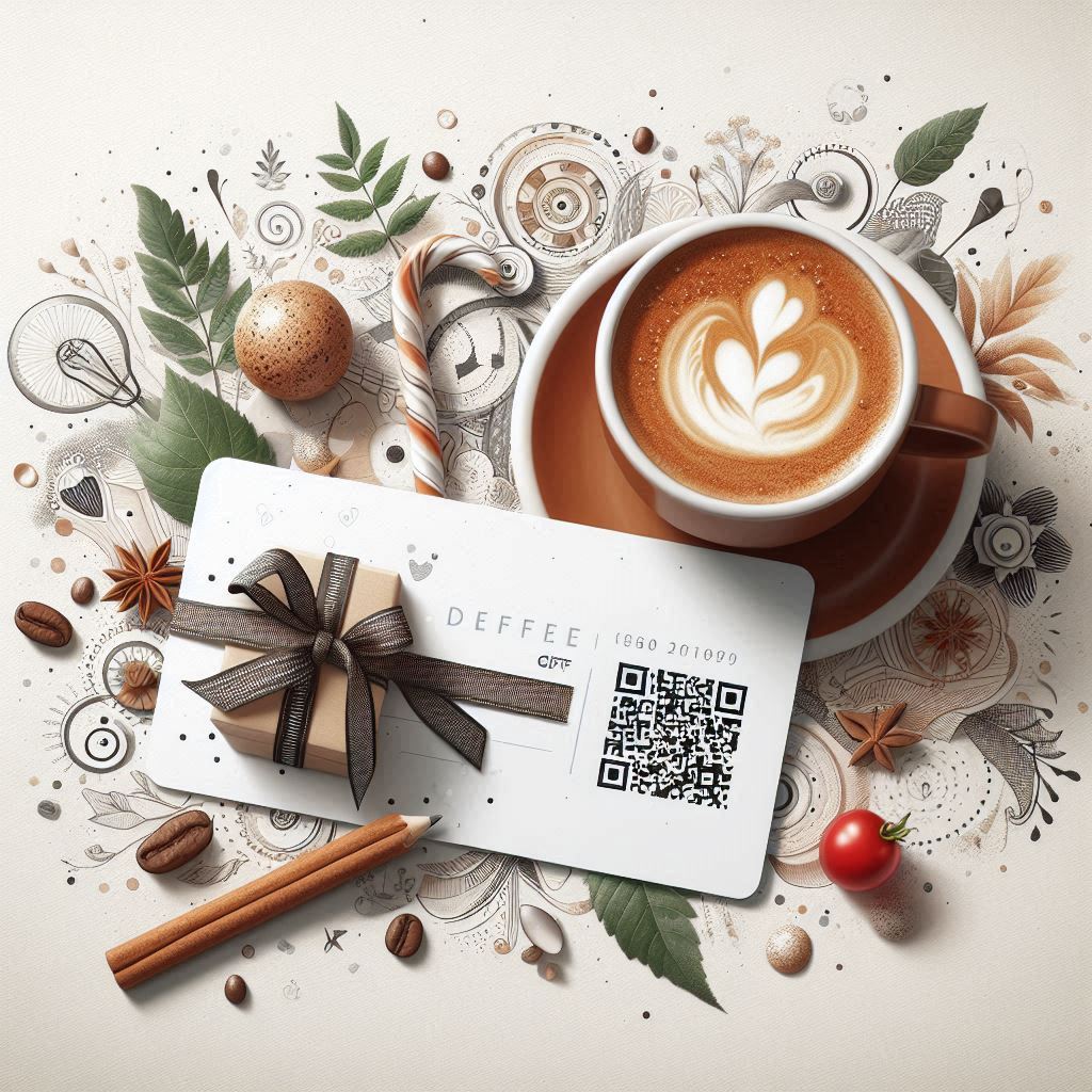 a gift card image with a QR code and a coffee cup