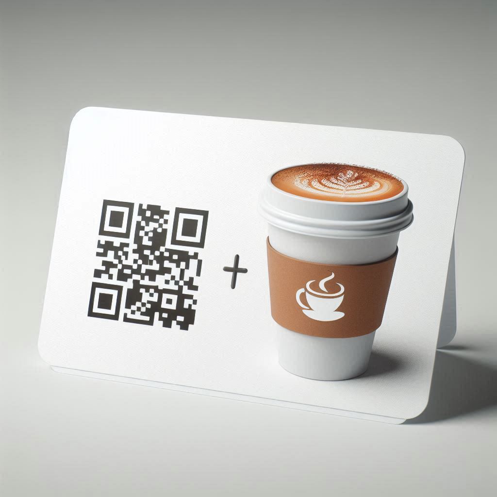 a white gift card with a QR code on the left and a coffee cup on the right, with no additional background colors or distractions